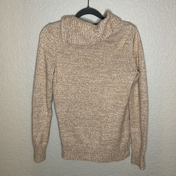 Chunky Cable Knit Heathered Beige Tan Button Fold Over Cowl Neck Sweater - Picture 2 of 9